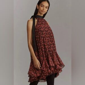 By Anthropologie Tie-Neck Halter Ruffled Mini Dress M Cocktail Wedding Maroon
